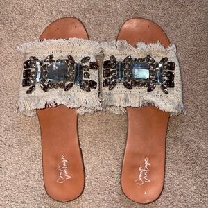 Crown Vintage Tan Fringe Embellished Sandals